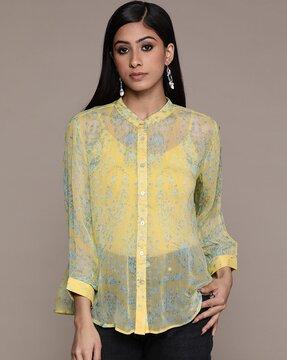 relaxed fit floral print band-collar shirt with camisole