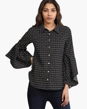 relaxed fit geometric print shirt with bell sleeves