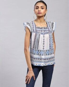 relaxed fit geometric print square-neck top