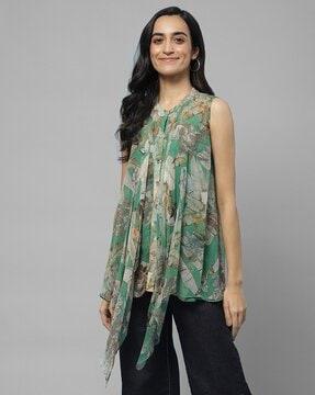 relaxed fit leaf print top with band collar