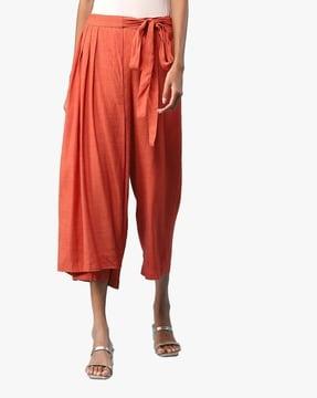 relaxed fit pleated culottes with tie-up