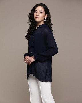 relaxed fit pleated spread-collar shirt