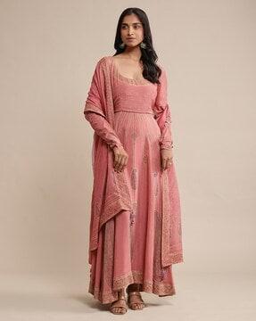 relaxed fit printed crepe anarkali kurta with leggings & dupatta