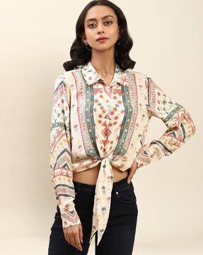 relaxed fit printed knotted shirt