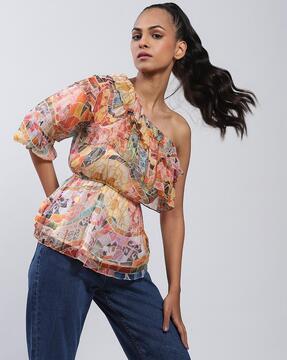 relaxed fit printed one-shoulder top