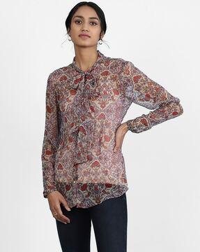 relaxed fit printed shirt with band-collar & tie-up