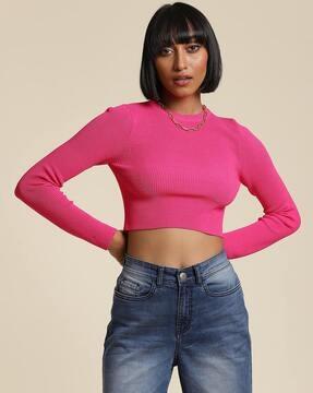 relaxed fit ribbed crew-neck crop top