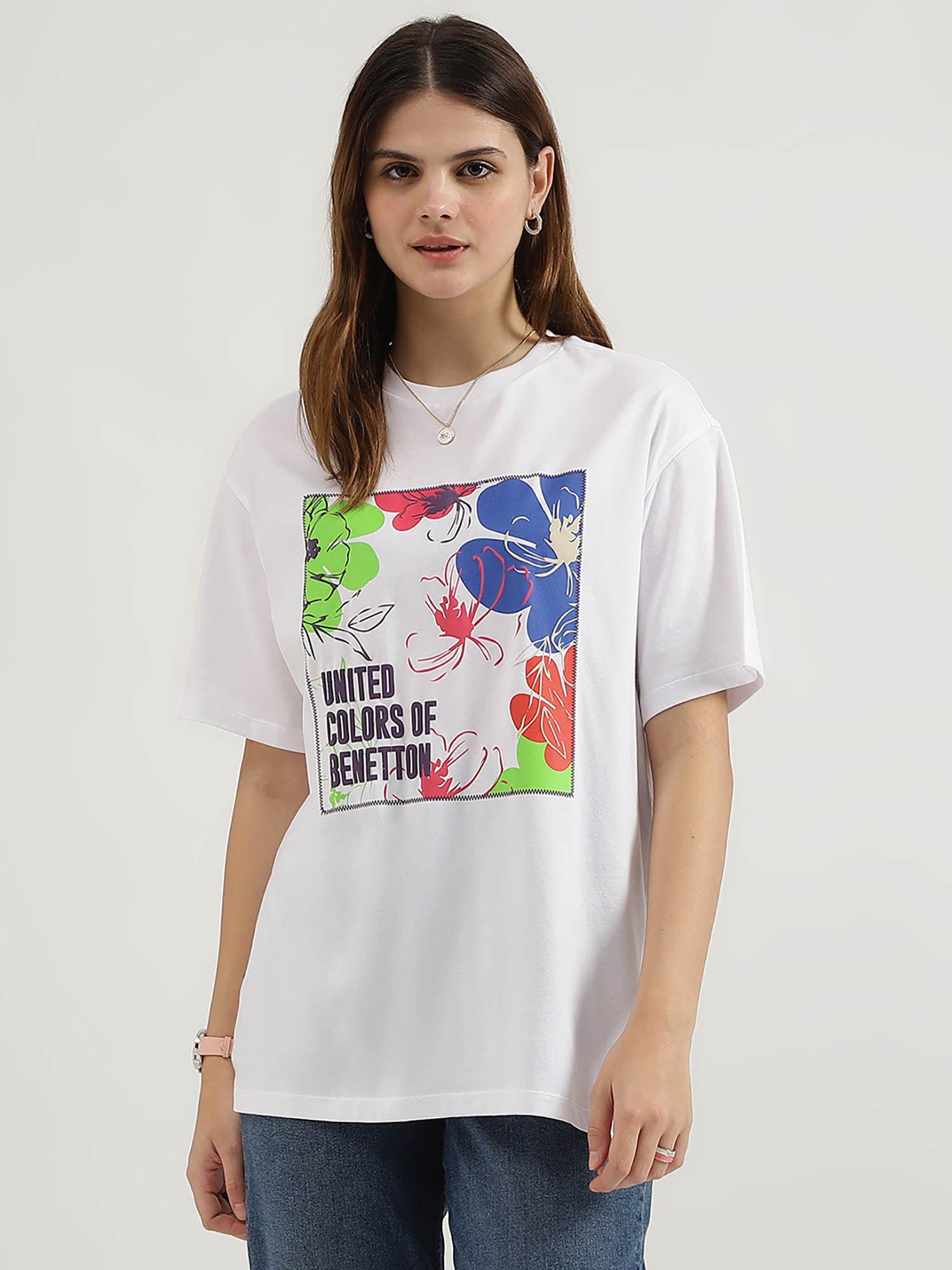 relaxed fit round neck floral print white t-shirt