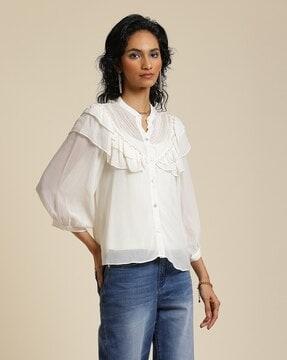 relaxed fit ruffled shirt with puff sleeves