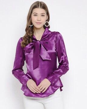 relaxed fit satin top with neck tie-up
