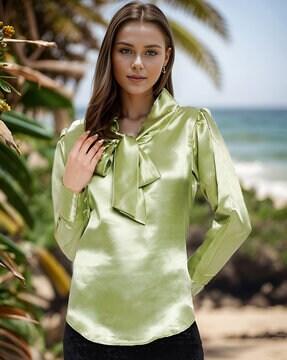 relaxed fit satin top with neck tie-up
