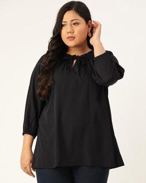 relaxed fit top with tie-up neckline