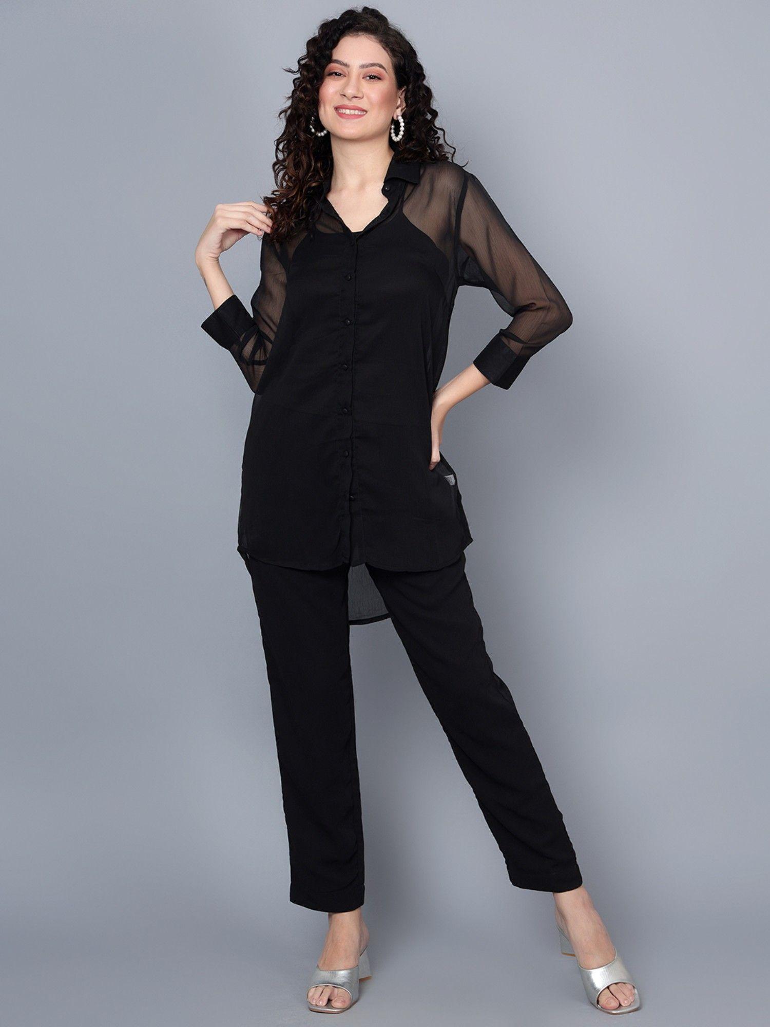 relaxed sheer casual shirt and cami with palazzos black (set of 3)