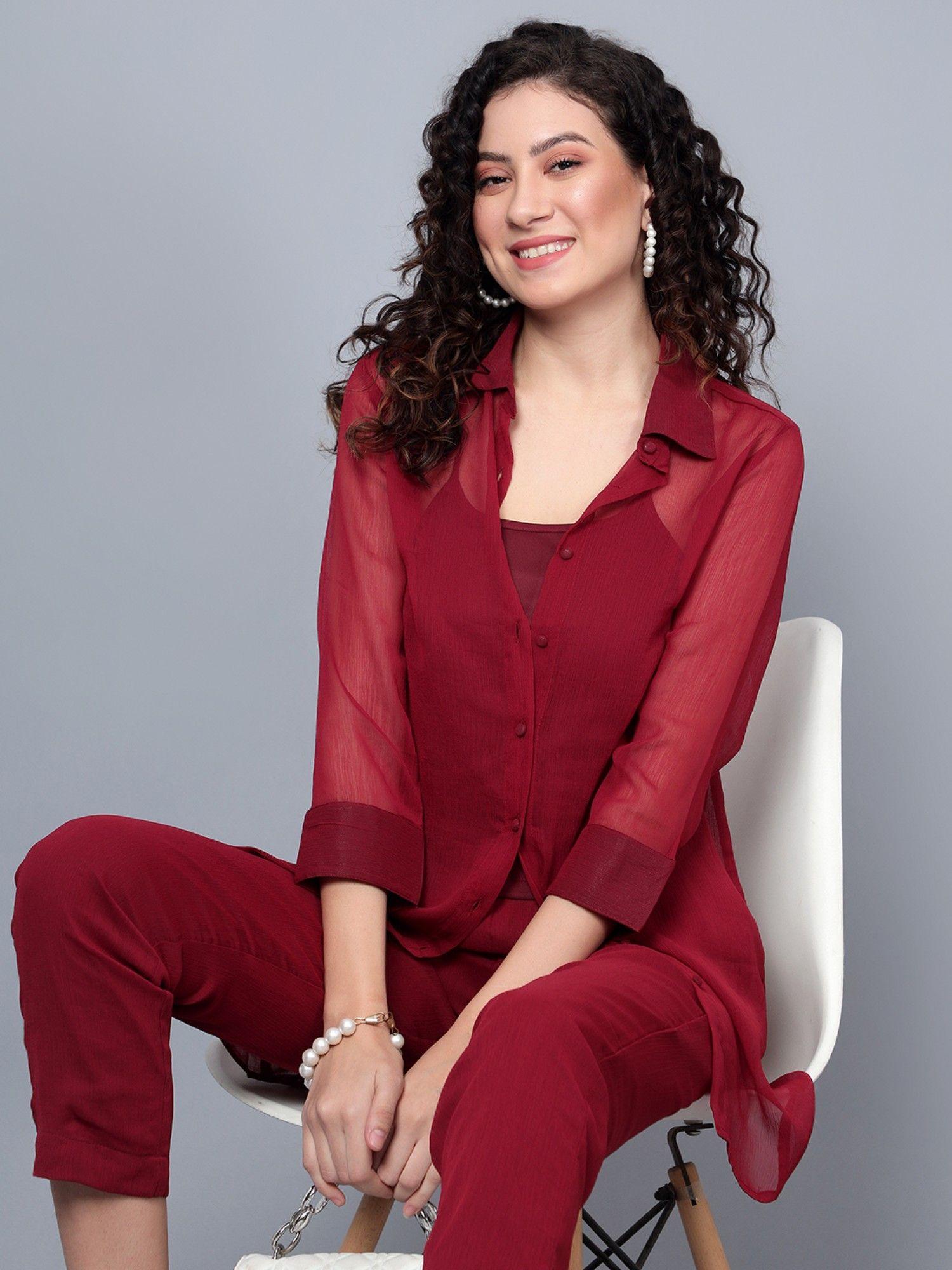 relaxed sheer casual shirt and cami with palazzos maroon (set of 3)