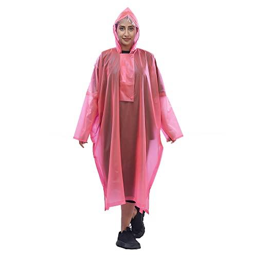 reliable rainwear crystal poncho for women waterproof |pink semi transparent rain poncho | front button closure & attached hood | raincoat for bike rides