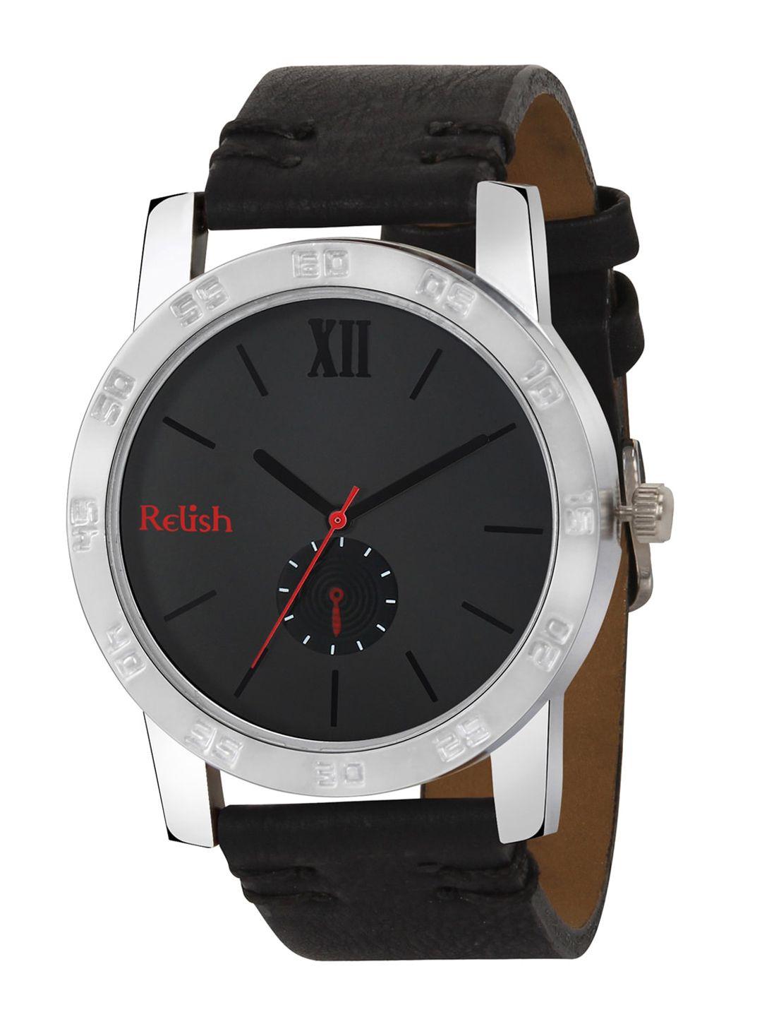 relish men black dial & black straps analogue watch re-bs1087