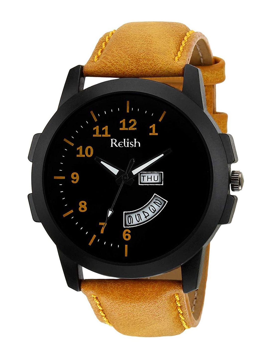 relish men black printed dial & yellow straps analogue watch