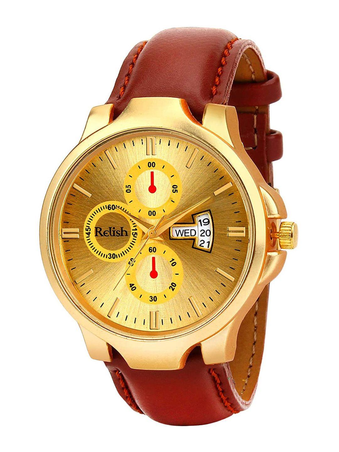 relish men gold-toned dial & brown straps analogue watch