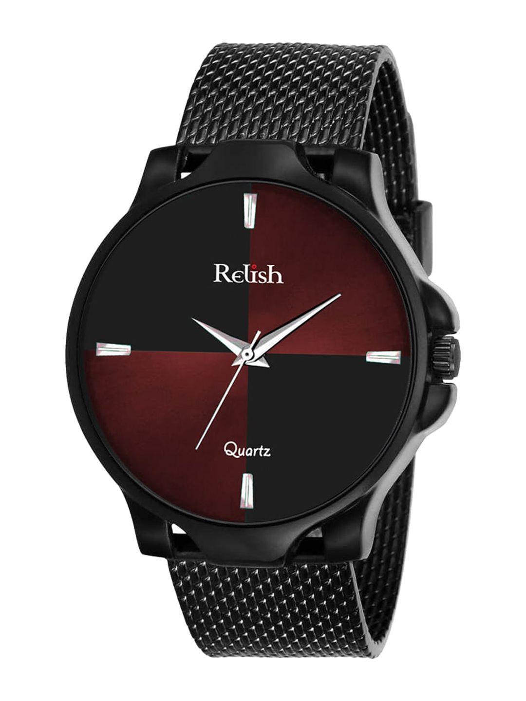 relish men maroon dial & black stainless steel bracelet style straps analogue watch re-bb1107