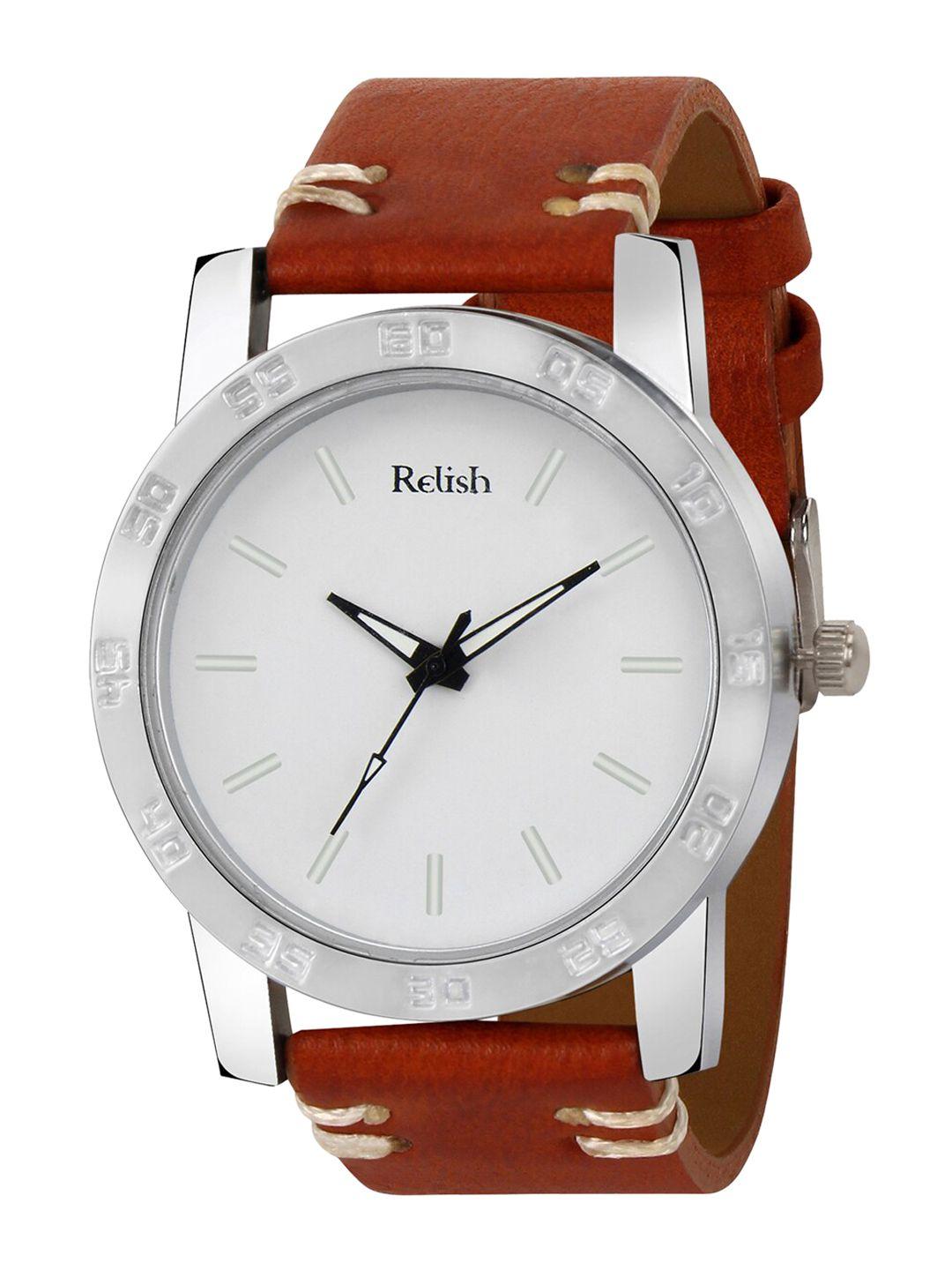 relish men white dial & brown straps analogue watch