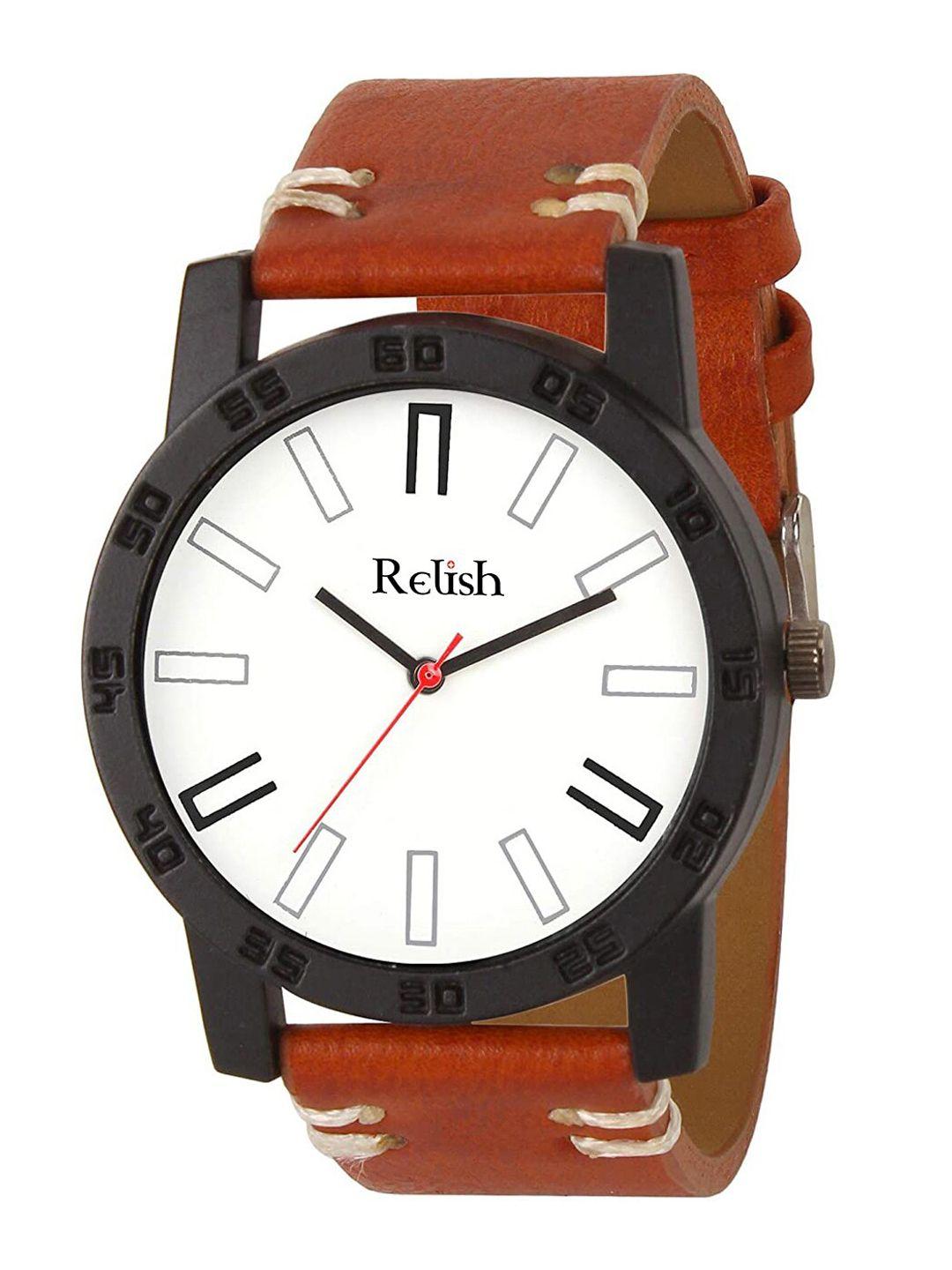 relish men white dial & tan straps analogue watch