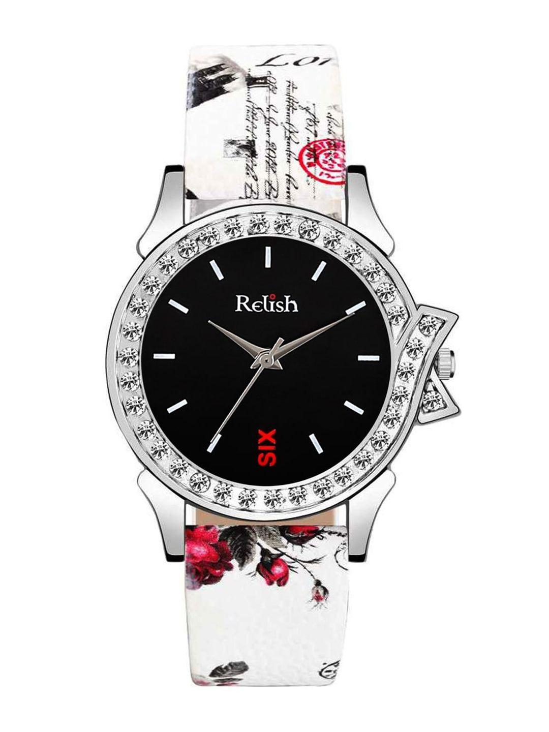 relish women black embellished dial & multicoloured bracelet style straps analogue watch re-l1116