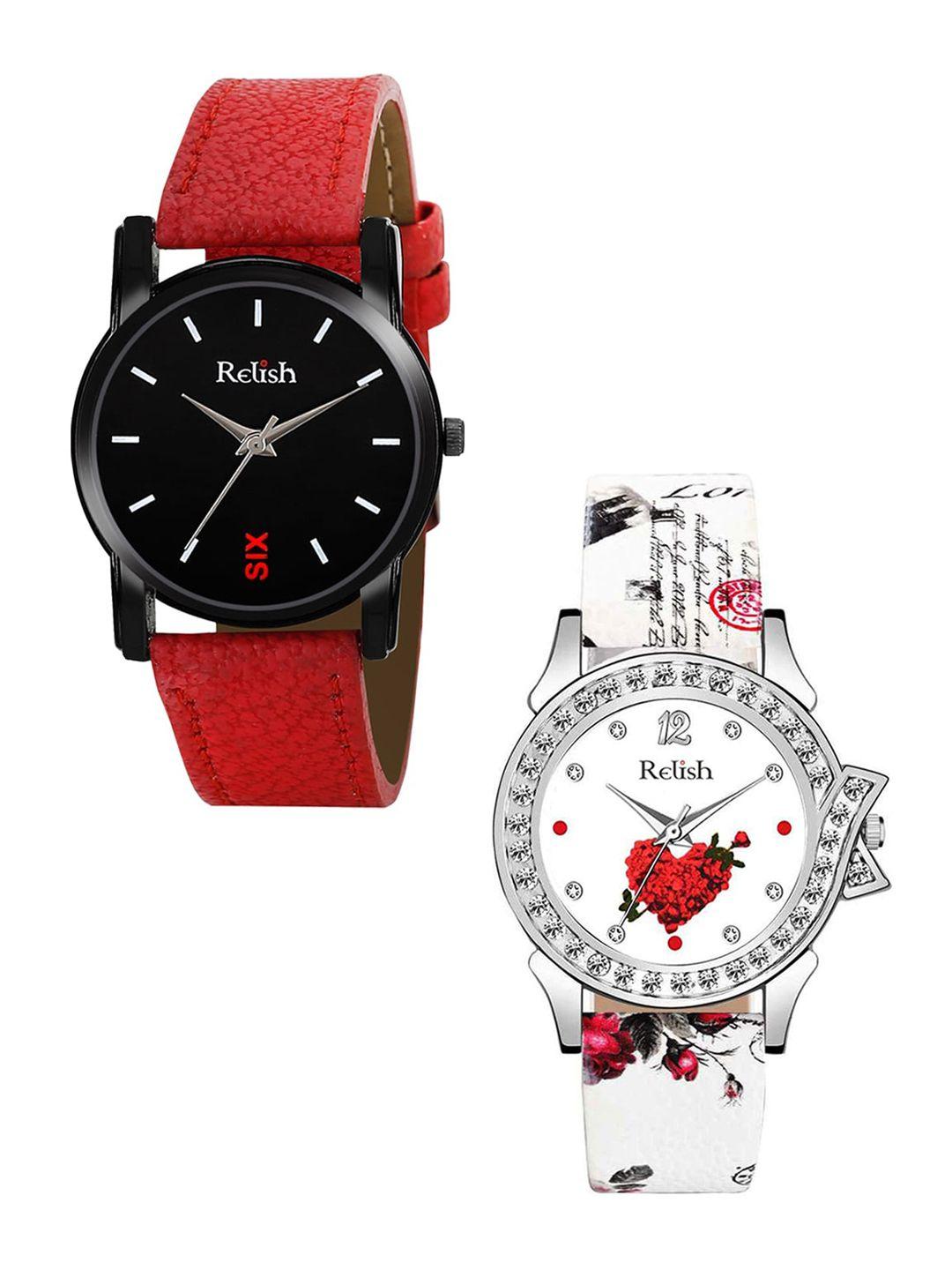 relish women black printed dial & red straps analogue watch re-l1126c