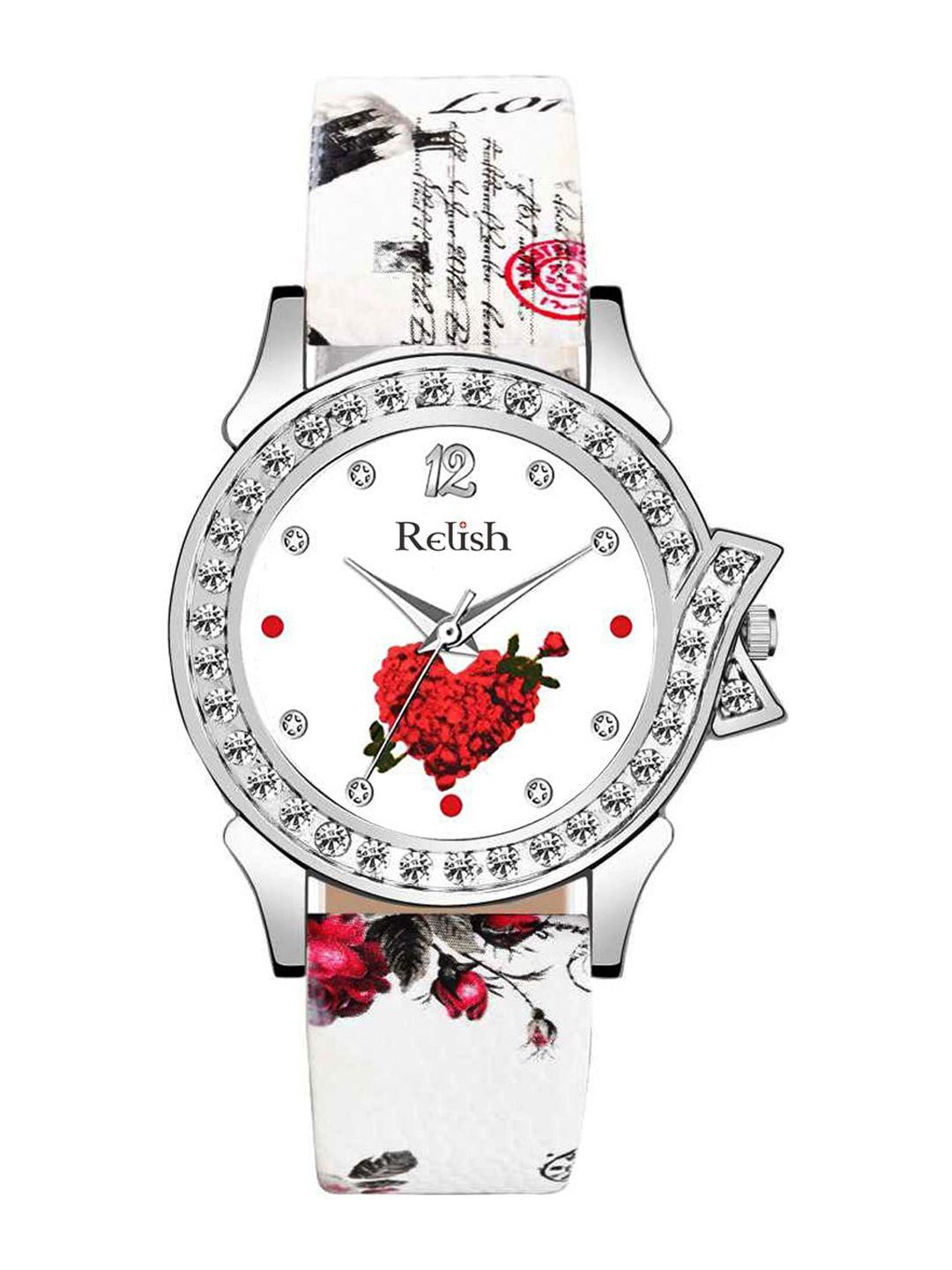 relish women red embellished dial & silver toned stainless steel embellished straps analogue watch