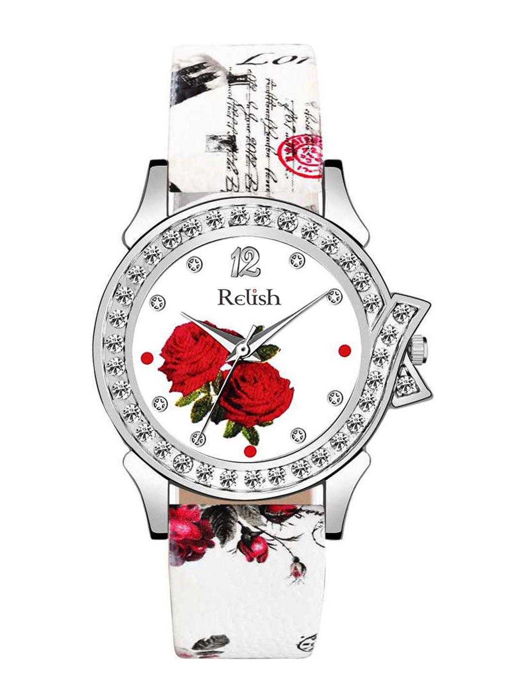 relish women white floral printed dial & straps analogue watch re-l1113h