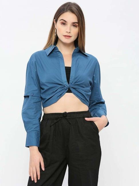 remanika blue pure cotton cropped shirt