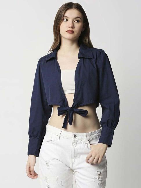 remanika navy pure cotton cropped tie knot shirt