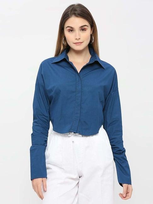 remanika teal blue pure cotton cropped shirt