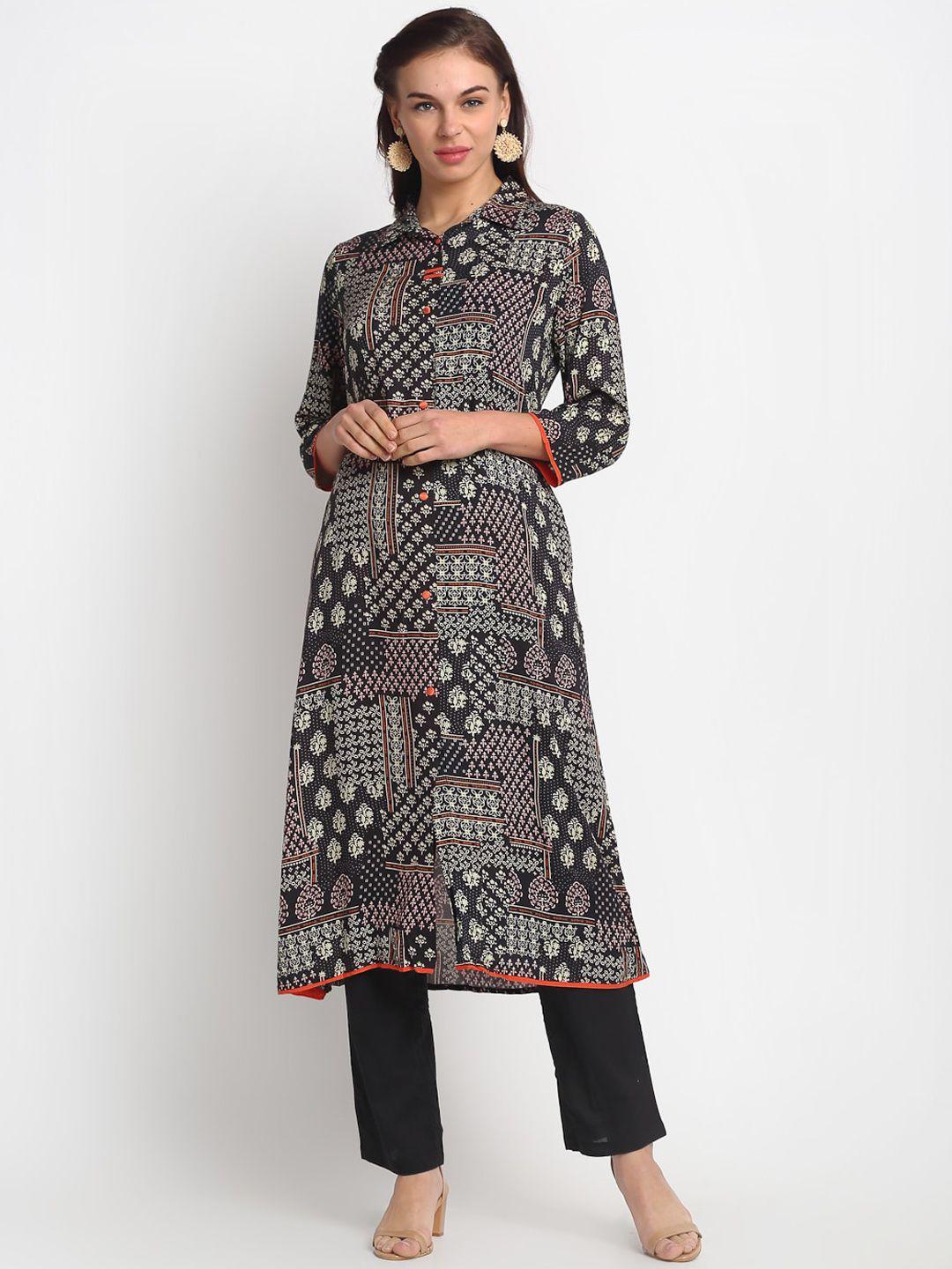 reme women black & beige ethnic motifs printed flared sleeves kurta