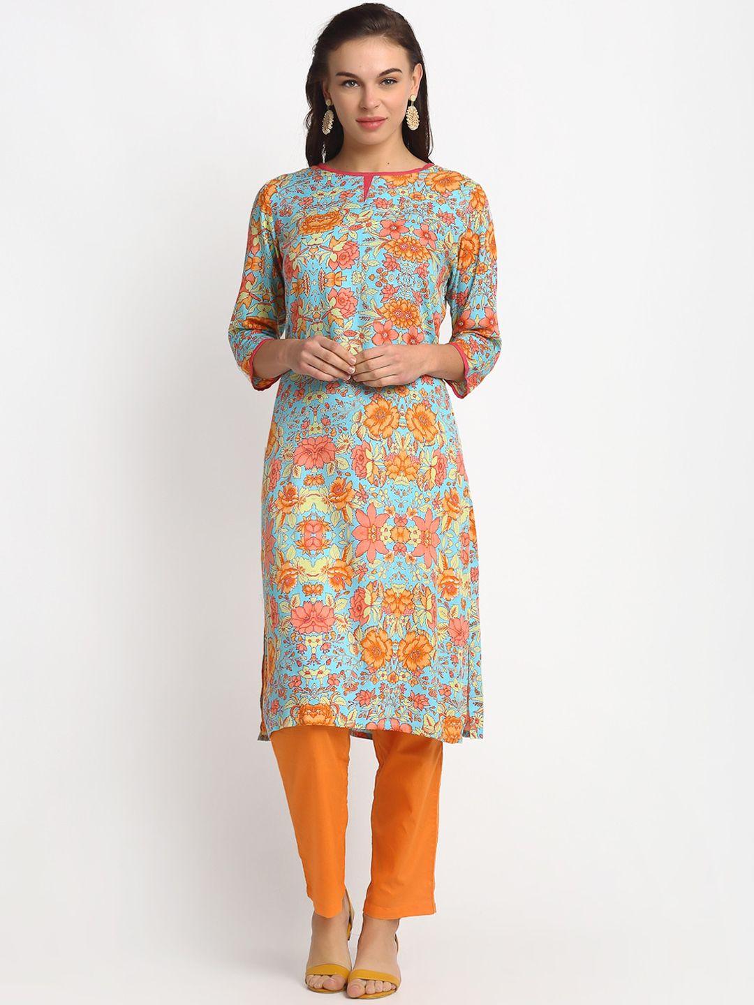 reme women blue & orange floral printed floral kurta