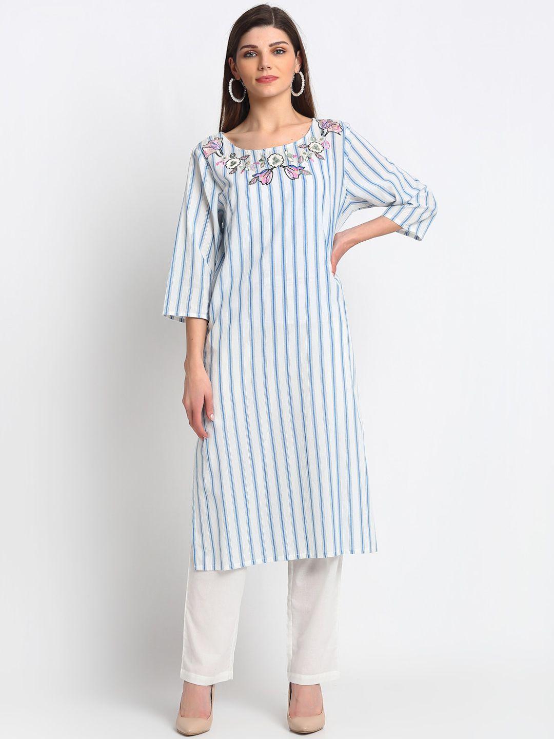 reme women blue & white striped thread work kurta