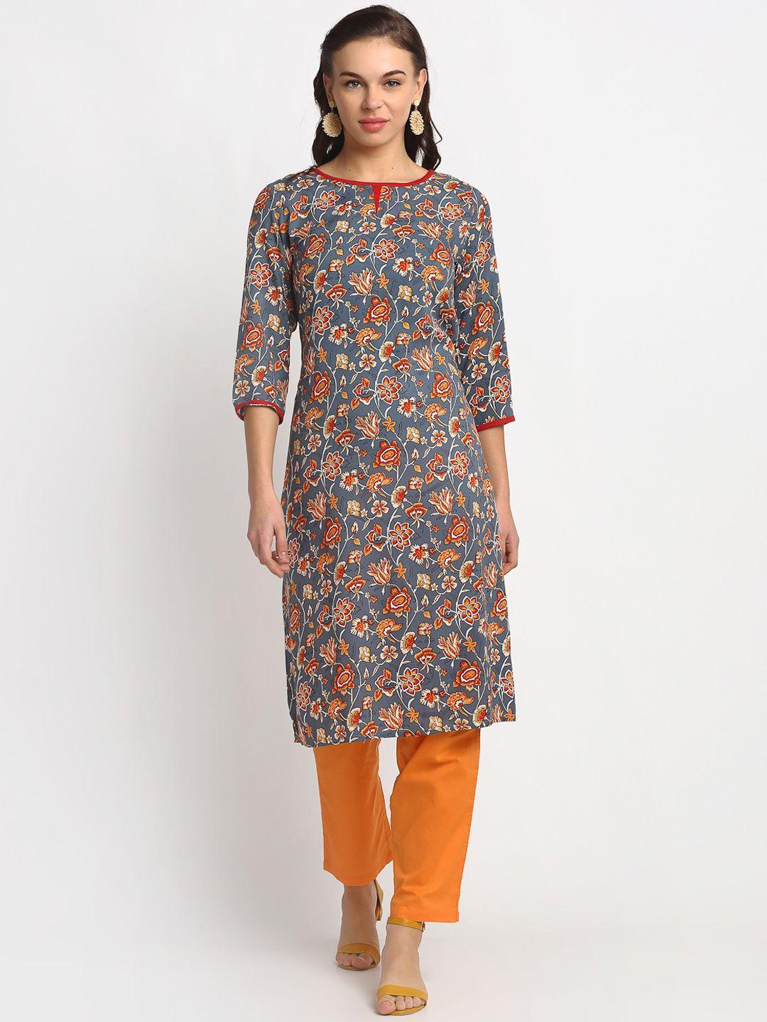 reme women grey & orange floral printed floral kurta