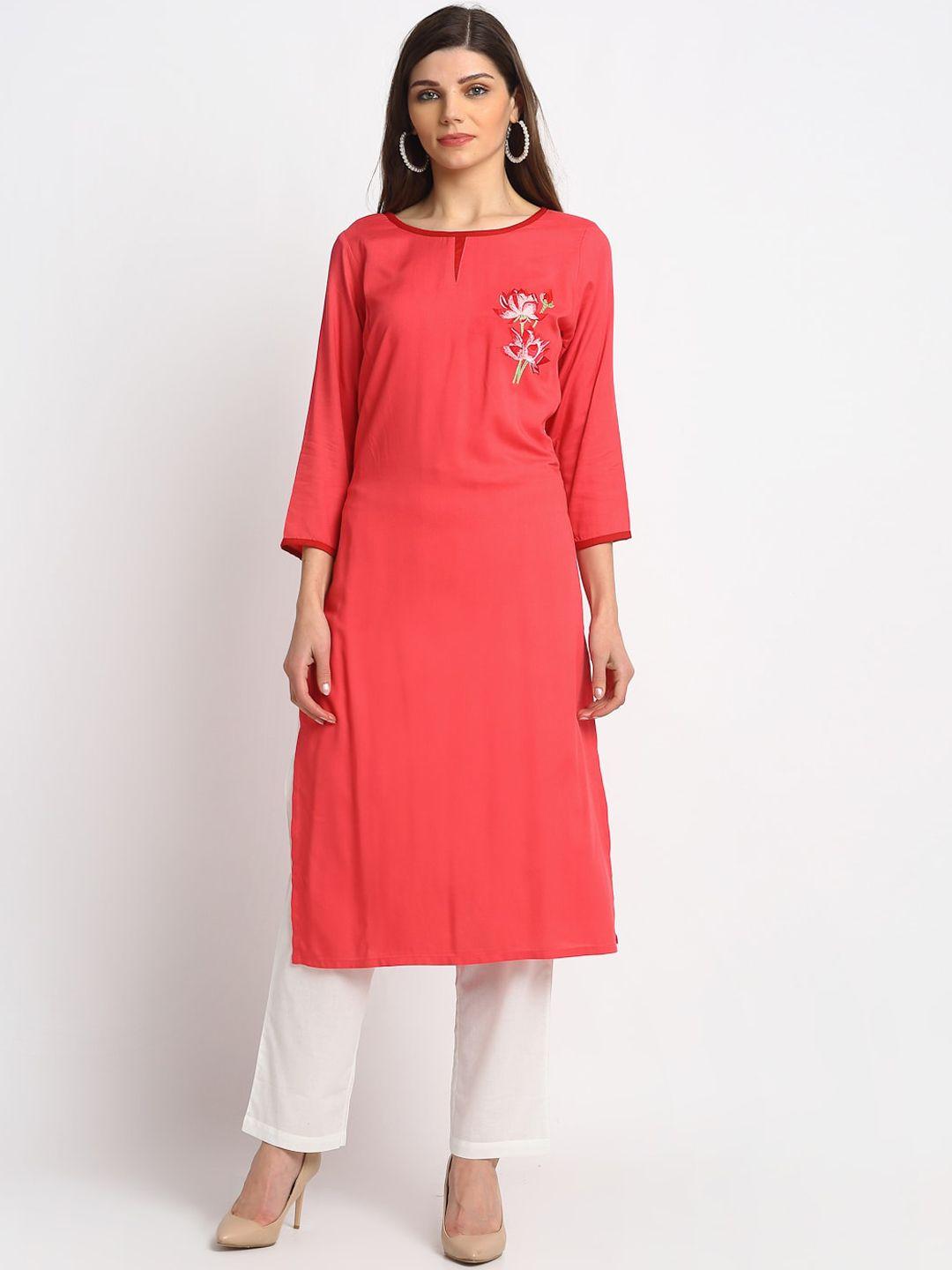 reme women red floral embroidered thread work floral kurta