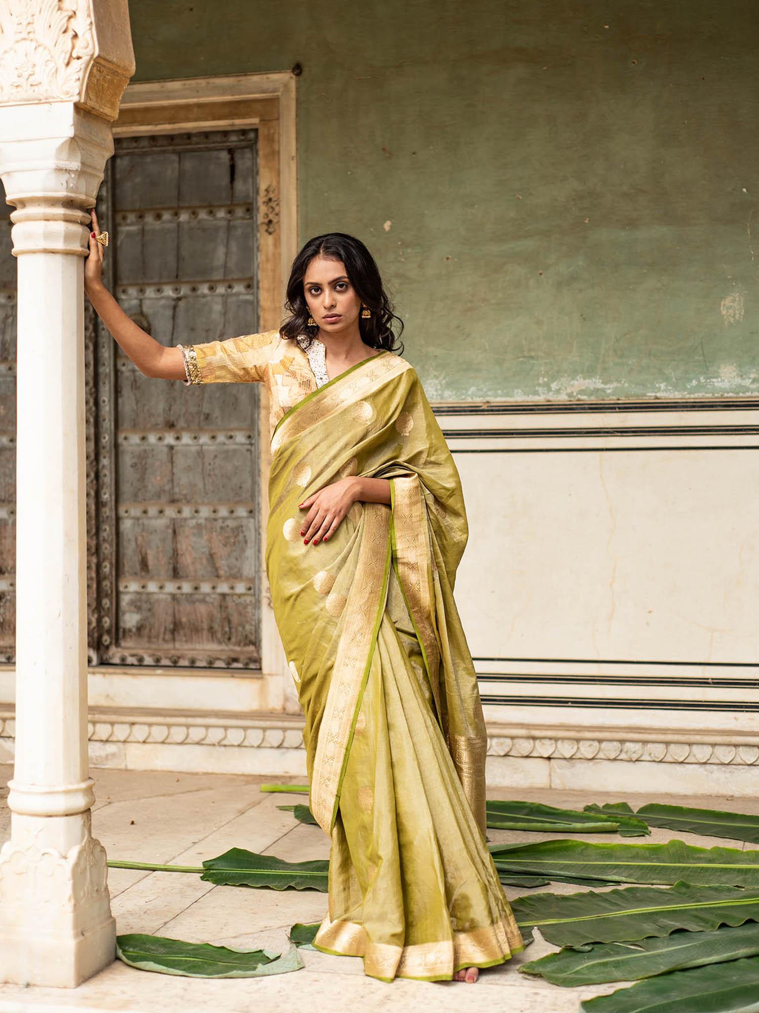 rena green - olive green silk banarasi saree with unstitched blouse