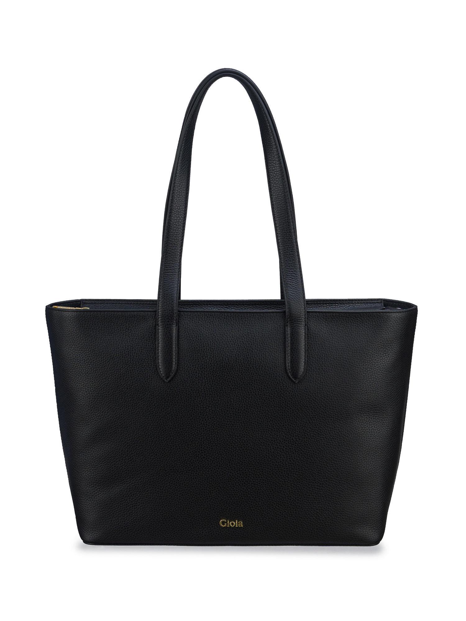 renata large top zip black leather tote