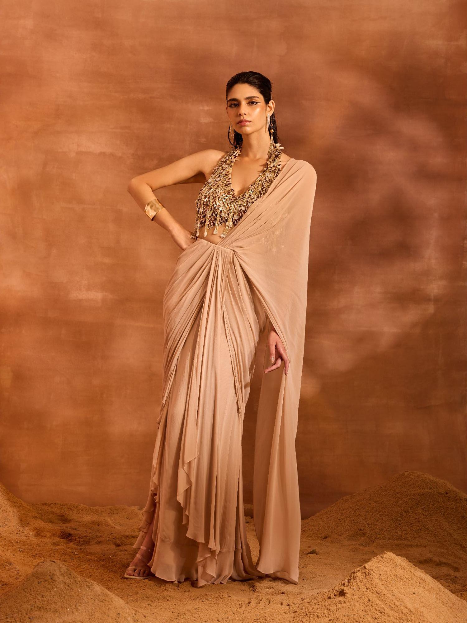 renee beige pre-draped saree with stitched blouse