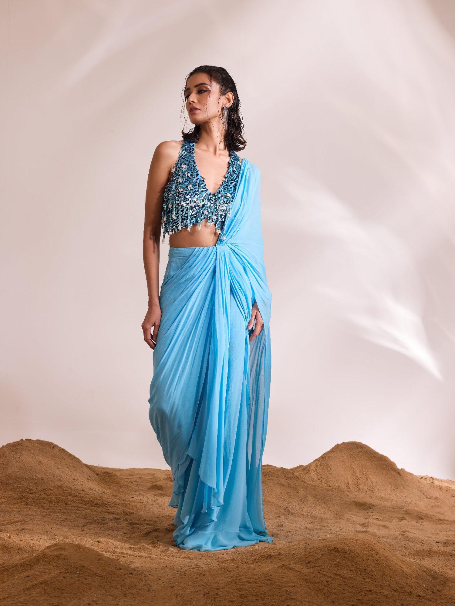 renee sky blue pre-draped saree with stitched blouse