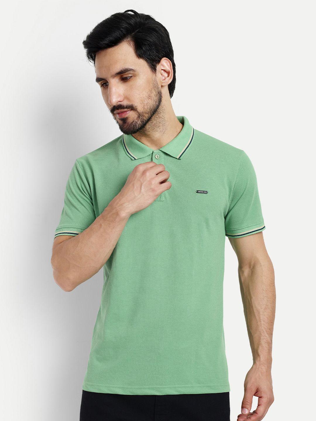 reprise men green polo collar pure cotton applique slim fit t-shirt