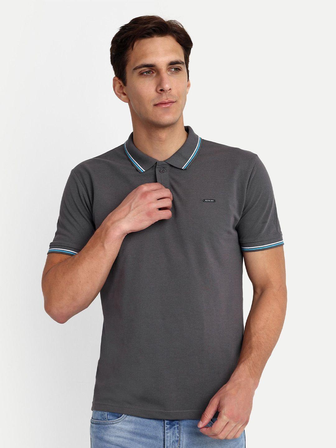 reprise men grey polo collar pure cotton applique slim fit t-shirt