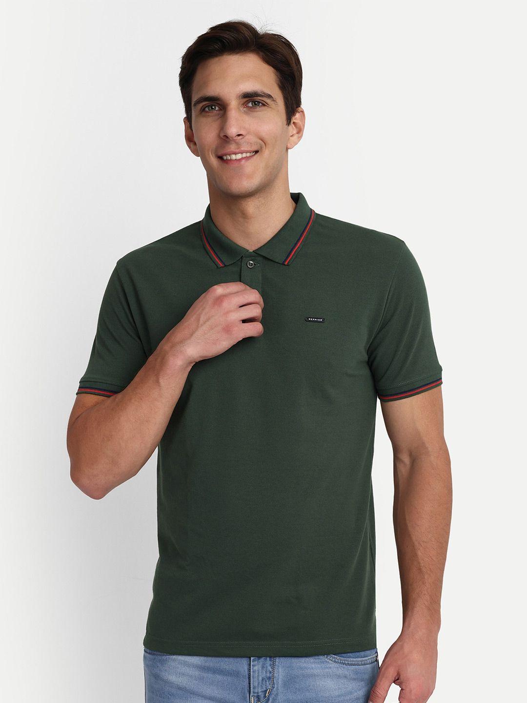 reprise men olive green polo collar pure cotton applique slim fit t-shirt