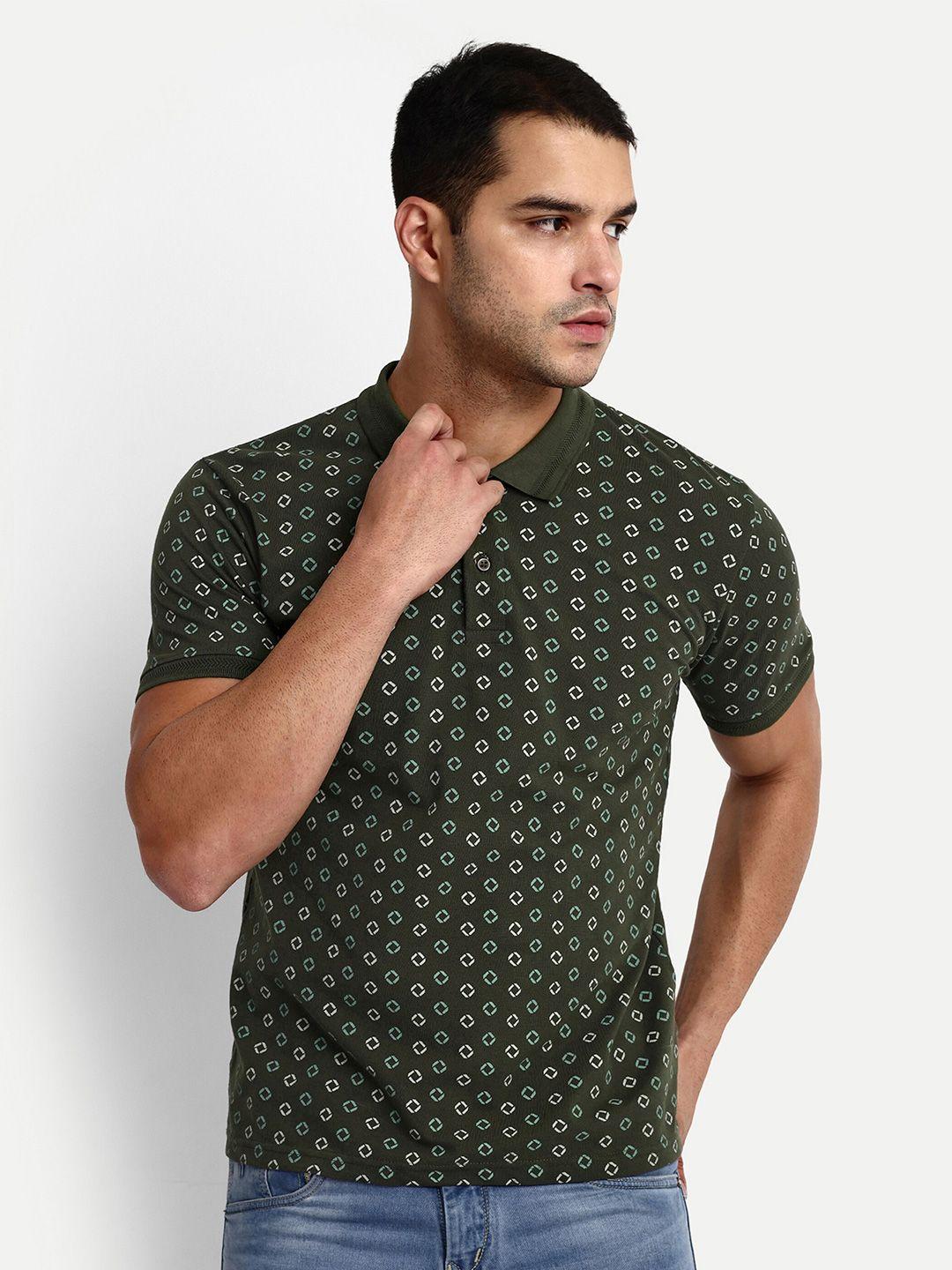 reprise men olive green printed polo collar pure cotton pockets t-shirt