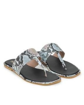 reptilian pattern t-strap flat sandals