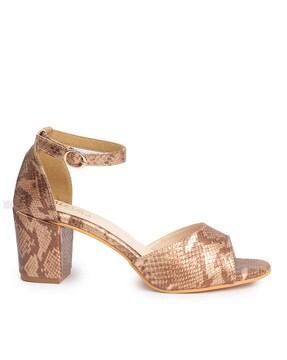 reptilian print chunky heeled sandals with ankle-strap