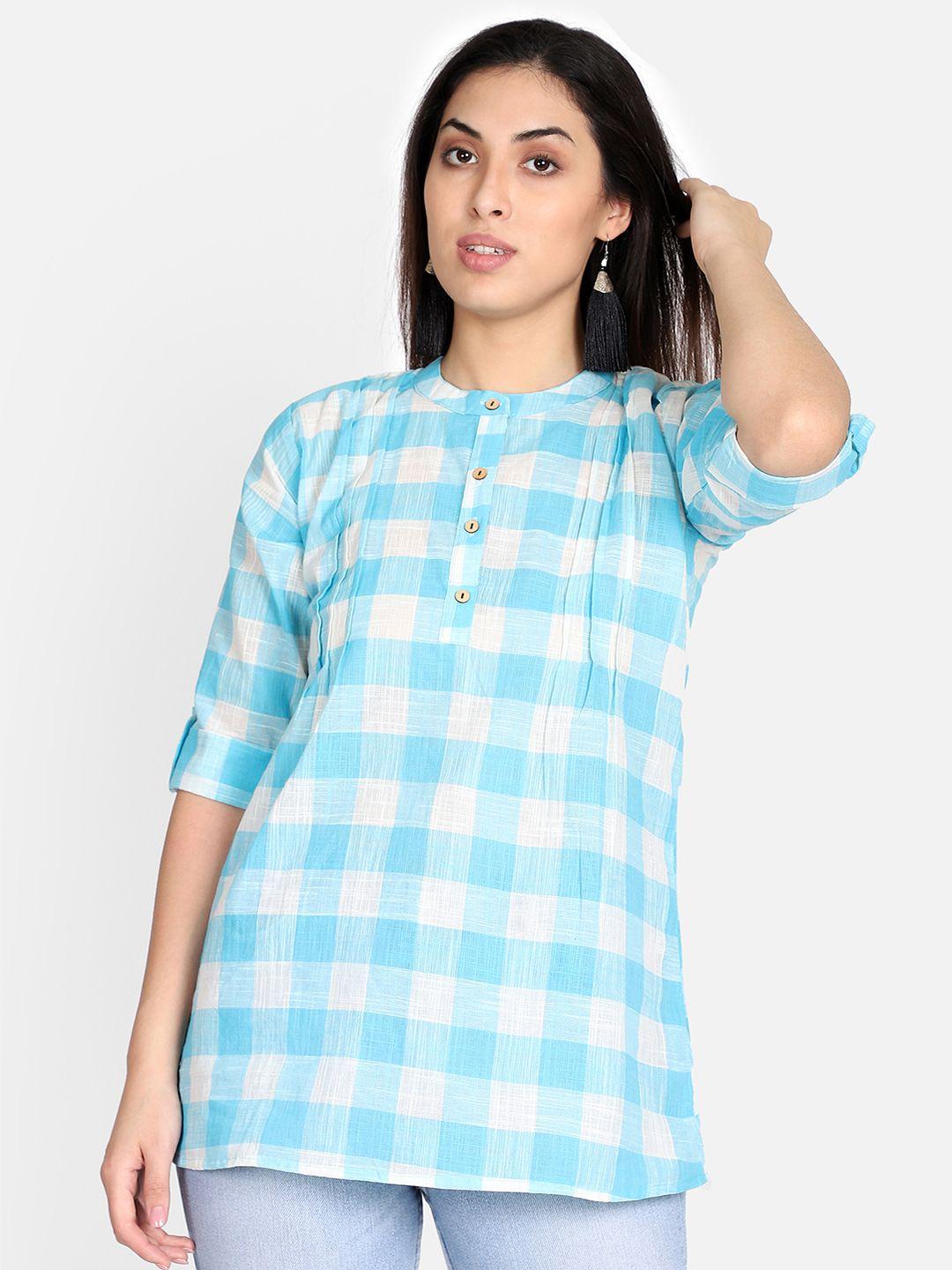 resha women blue checked handloom shirt style top