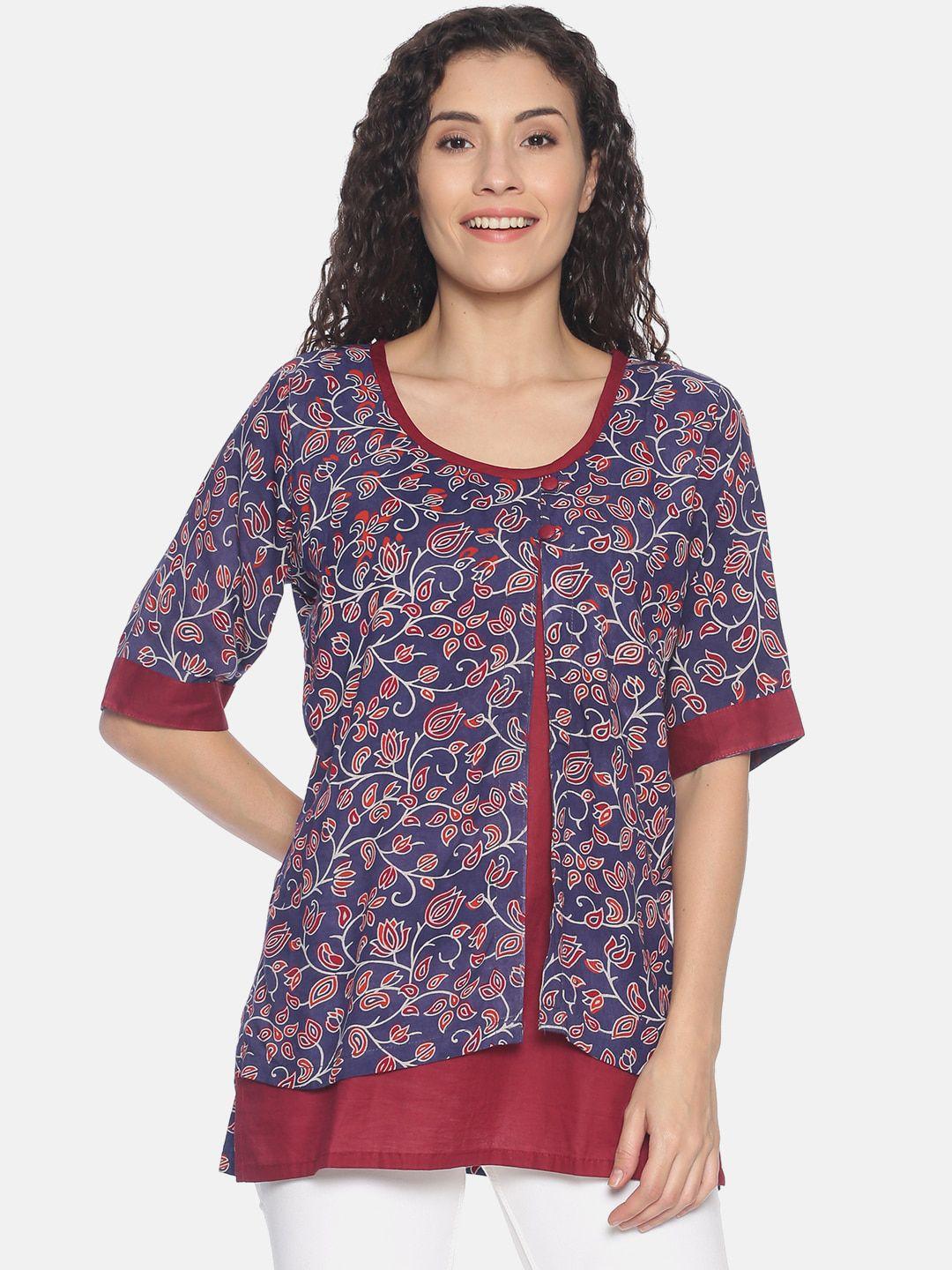 resha women navy blue & maroon floral block printed layered pure cotton top