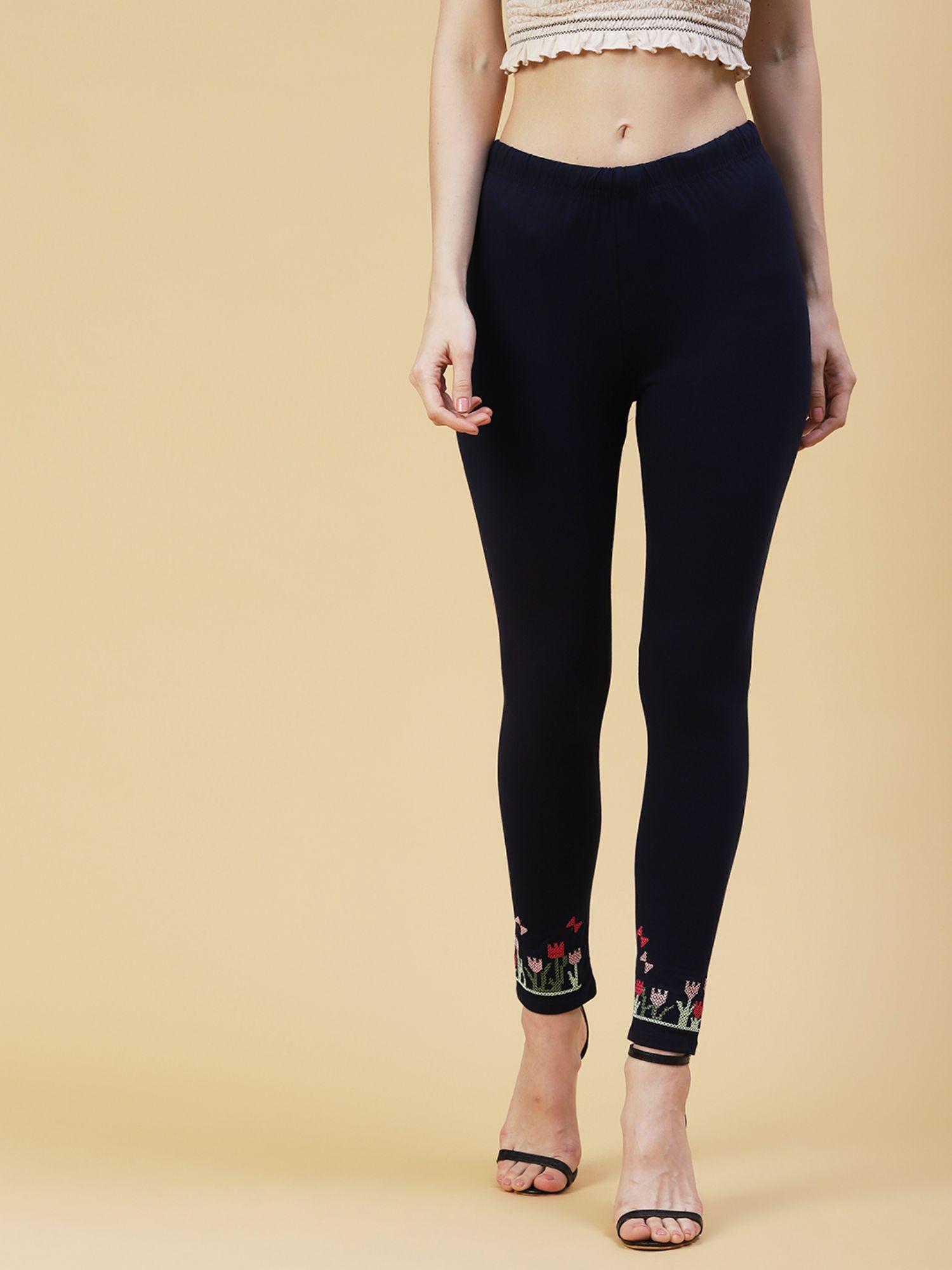 resham cross stitch embroidered knitted leggings navy blue